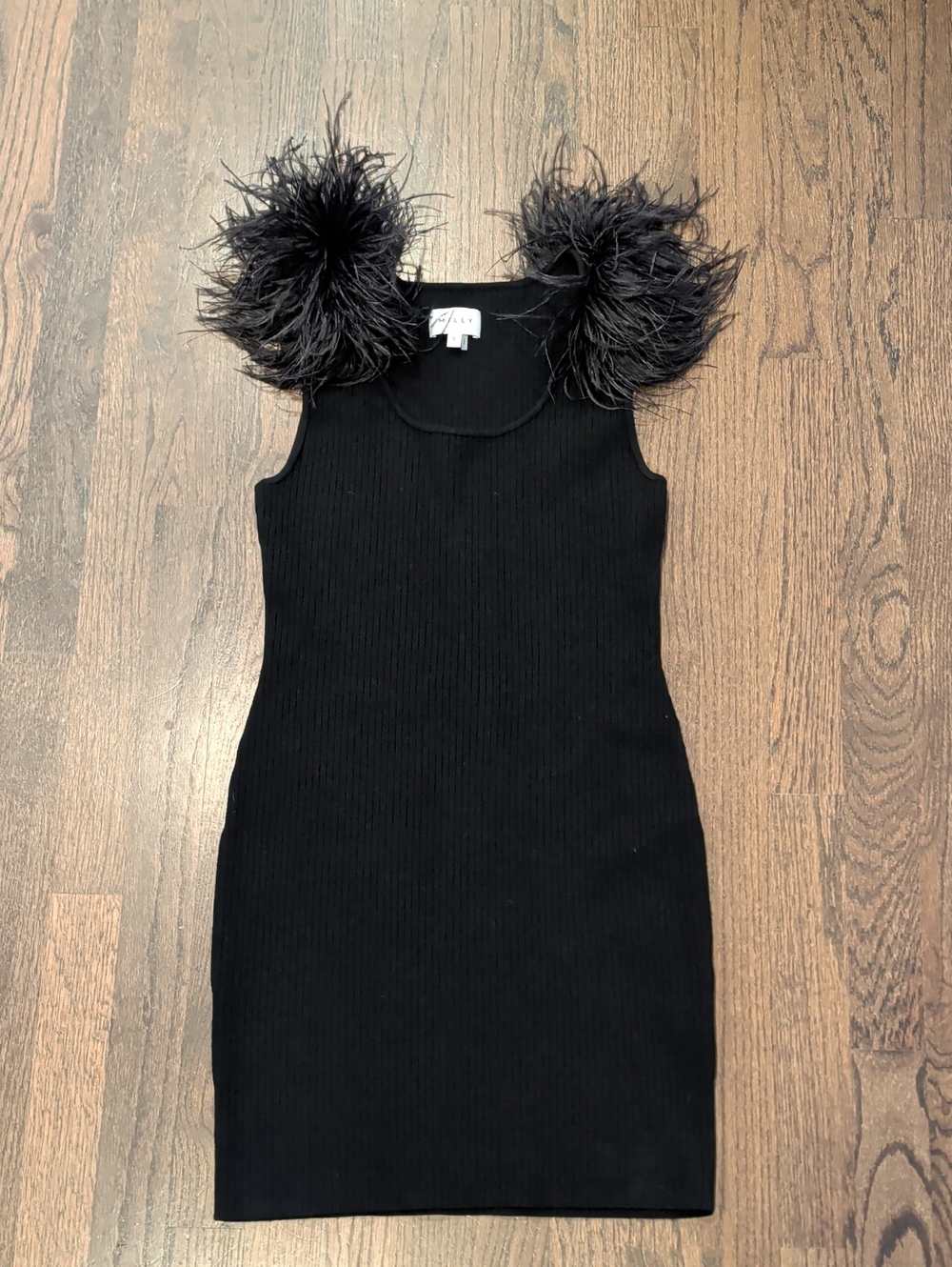 Milly Black Ribbed Mini Dress with Feather Trim
